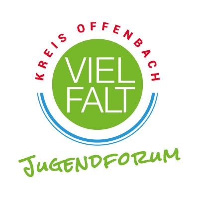 Das Bild zeigt das Logo des Jugendforums des Kreises Offenbach - ein grüner Kreis mit Schriftzug "Vielfalt" und darunter quer der Schriftzug "Jugendforum"