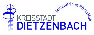 Logo der Kreisstadt Dietzenbach. Es steht in geschwungener Schrift: Mittendrin in RheinMain darüber. 