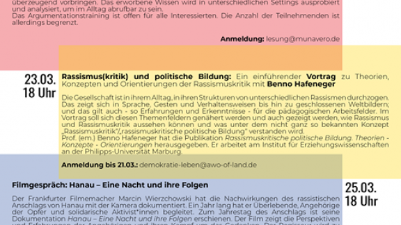 Der Flyer für die Veranstaltungsreihe der Partnerschaften in Stadt und Kreis Offenbach anlässlich der Internationalen Woche gegen Rassismus 2021 (Rückseite)