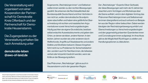 Der Flyer zu der Veranstaltung zu „Reichsbürger“ und Selbstverwalter in Heusenstamm und Region (Rückseite).
